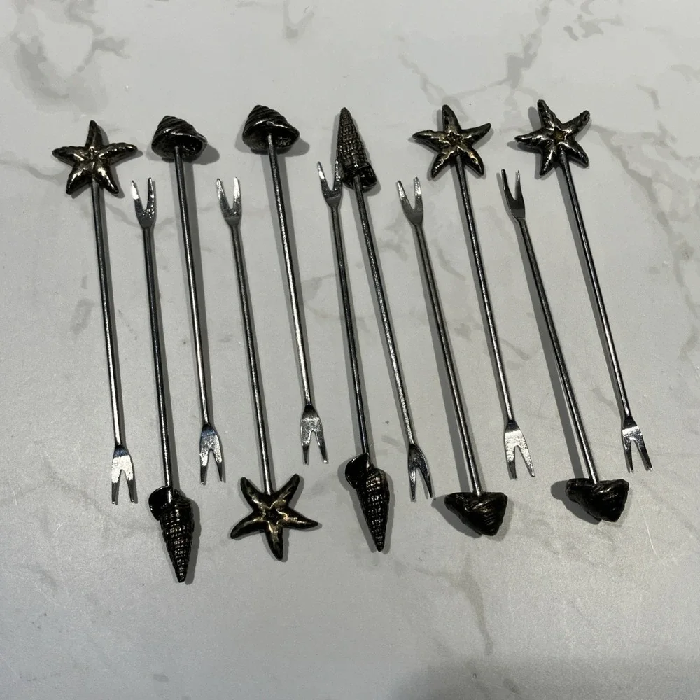 Pier 1 Silver Tone Seashells Cheese Hors D'oeuvre Appetizer Forks Picks Holder